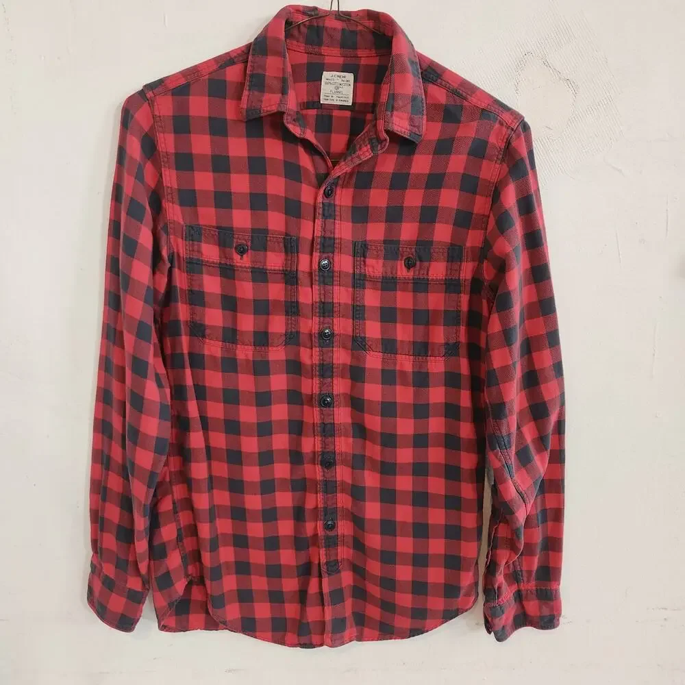 Vintage 1990s J.Crew Men's XS Red Black Buffalo Plaid Flannel Shirt Cabincore